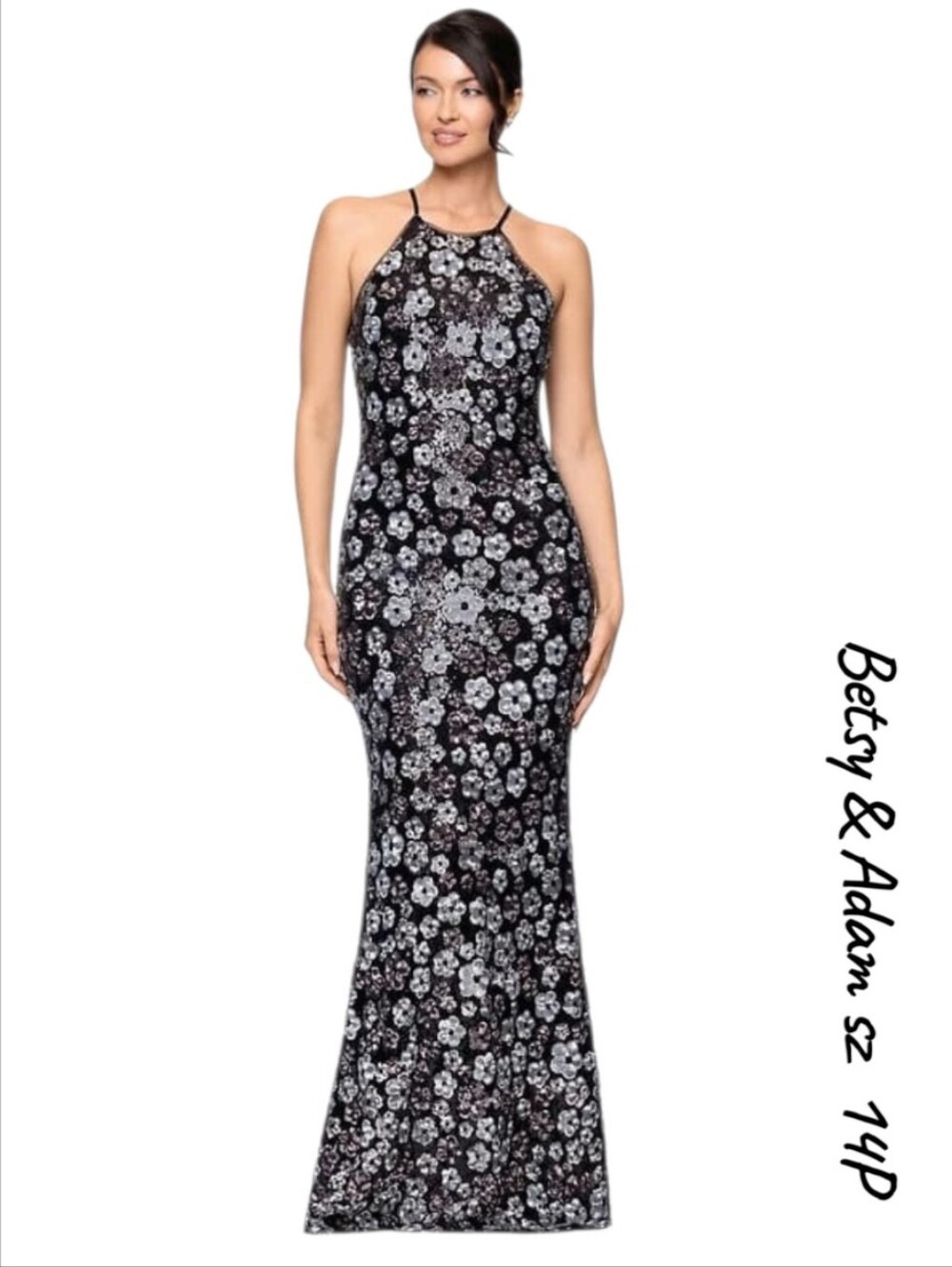 Betsy & Adam 14P Sequin Floral Halter Maxi Dress Long Evening Gown Flower Black